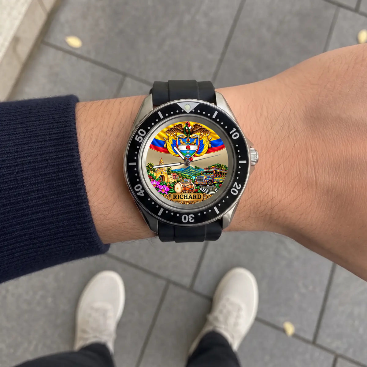 Personalized Colombian watch with custom name, Rift Diver style with black strap worn outdoors