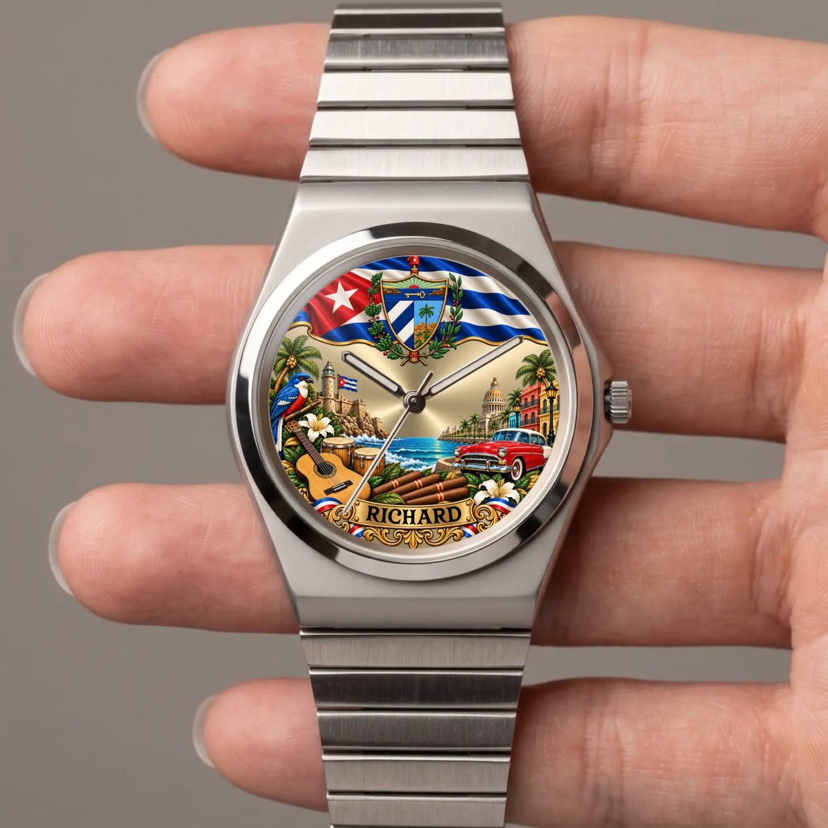Personalized Cuban flag watch with custom name, silver-tone Signature Round bracelet held in a hand