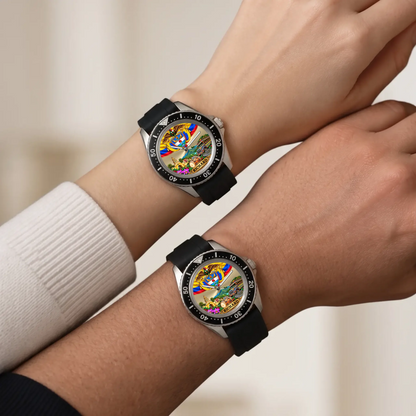 Personalized Colombian watch with custom name, matching Rift Diver watches with black straps worn on two wrists