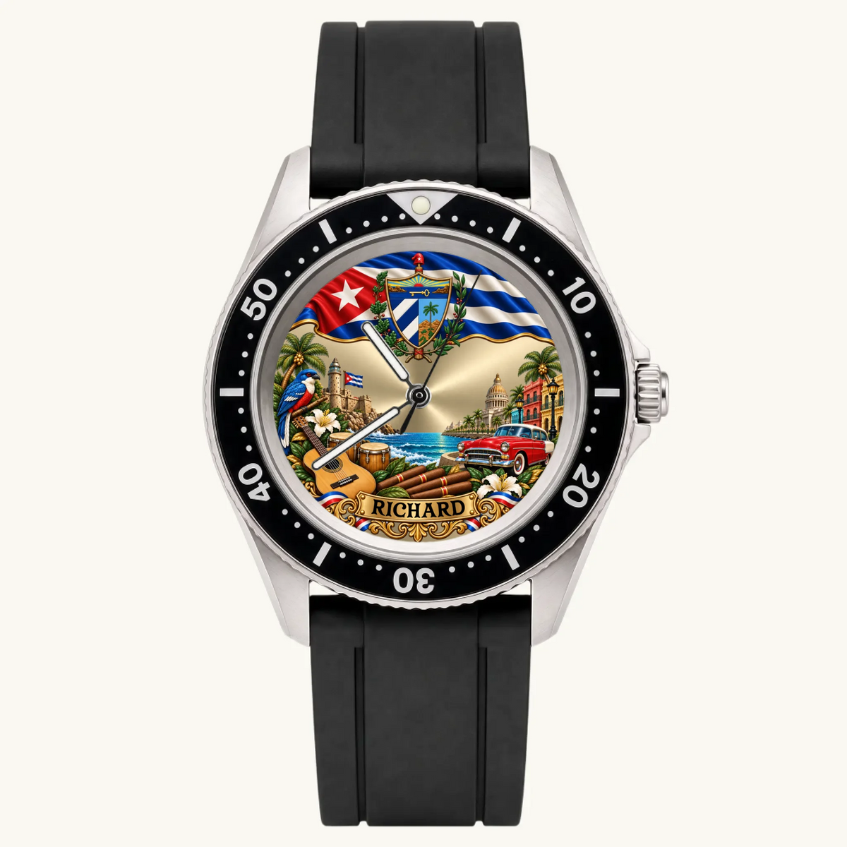 Personalized Cuban flag watch with custom name, Rift Diver style with black strap and numbered bezel, front view