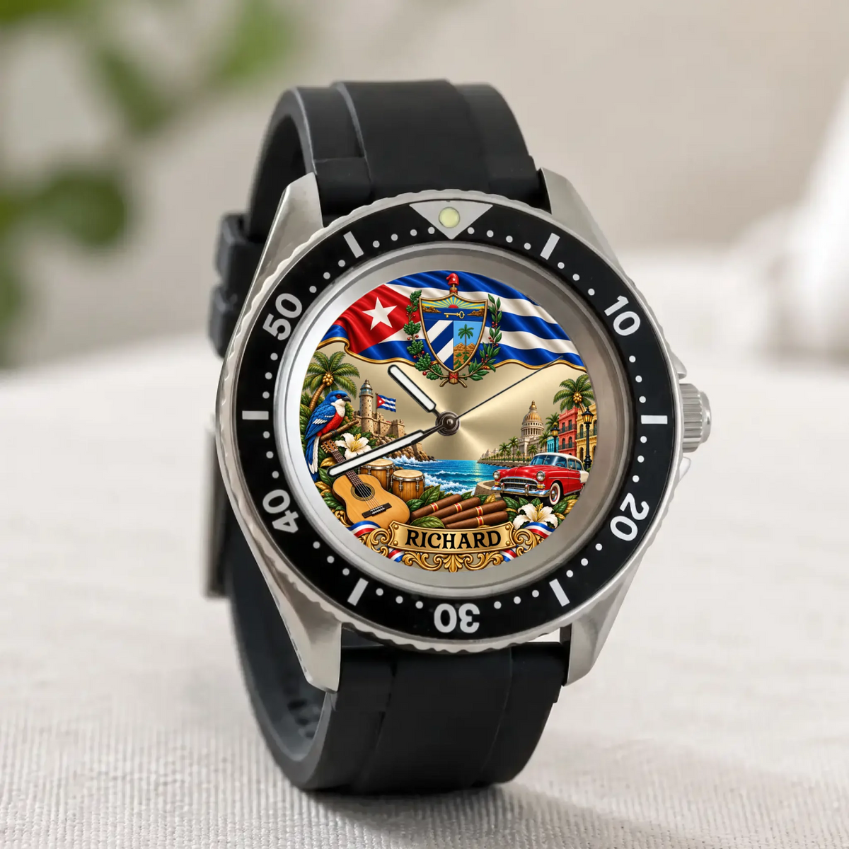 Personalized Cuban flag watch with custom name, Rift Diver style with black strap standing on a light surface