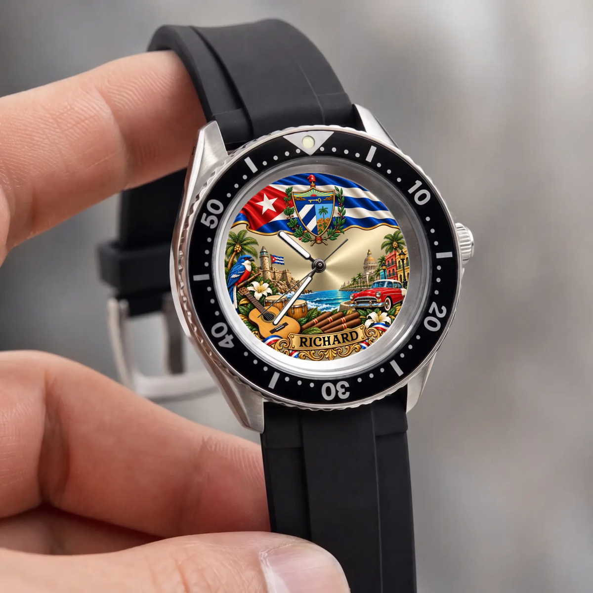 Personalized Cuban flag watch with custom name, Rift Diver style with black strap held against a light background