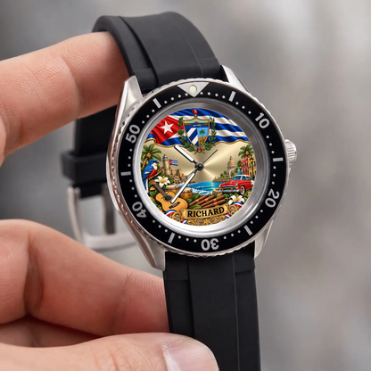 Personalized Cuban flag watch with custom name, Rift Diver style with black strap held against a light background