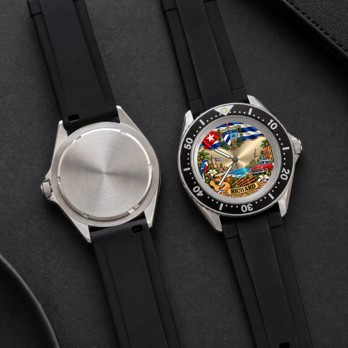 Personalized Cuban flag watch with custom name, Rift Diver front dial and plain case back shown together