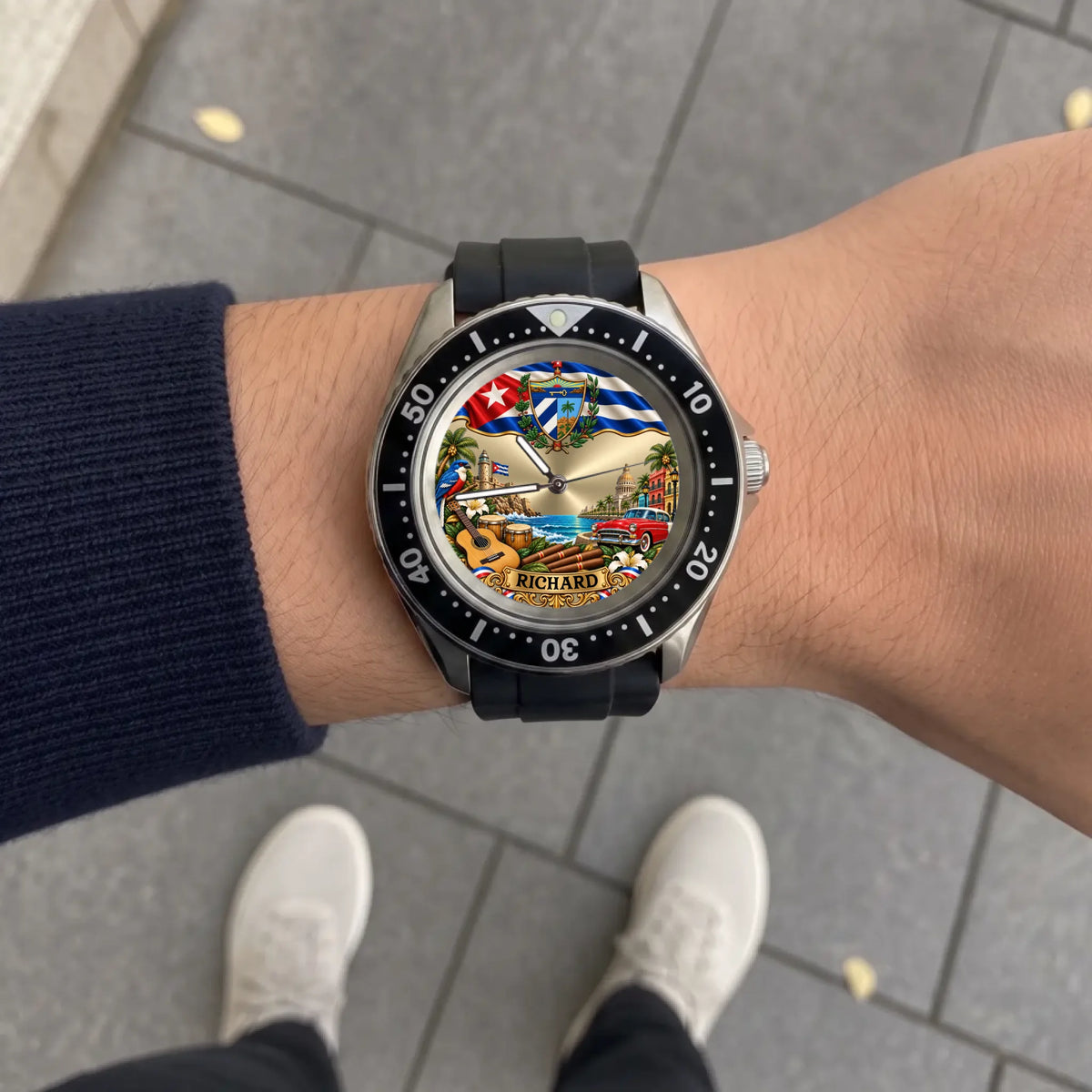 Personalized Cuban flag watch with custom name, Rift Diver style with black strap worn outdoors