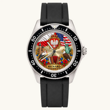 Personalized Polish American watch with custom name, Rift Diver style with black strap and numbered bezel, front view