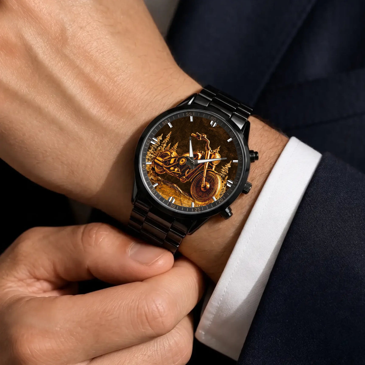 Personalized motorcycle watch with custom name, black metal bracelet worn with a dark suit