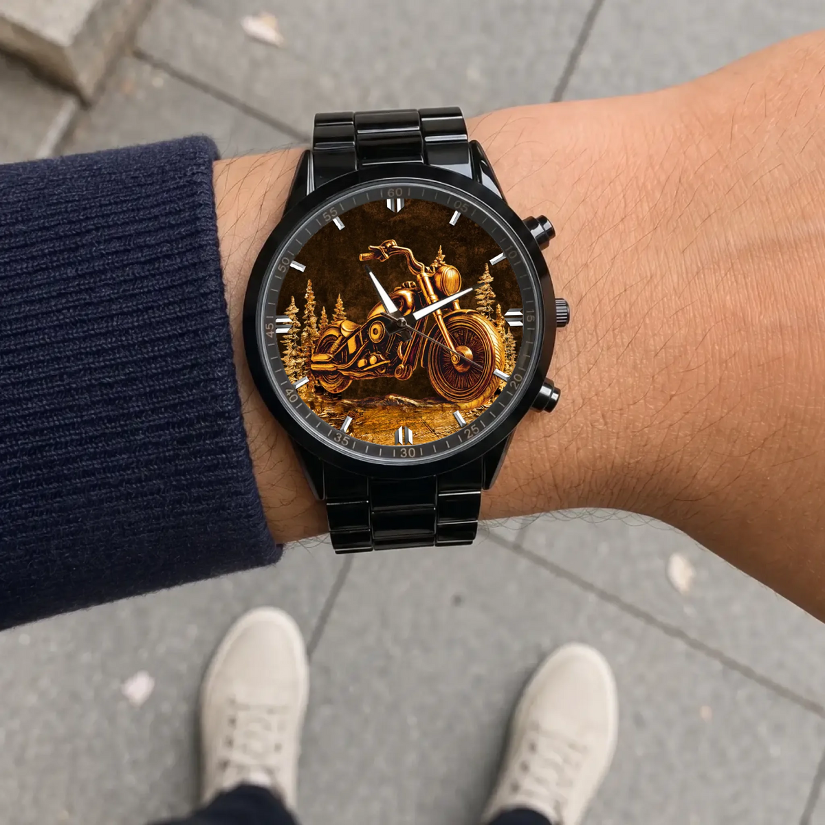 Personalized motorcycle watch with custom name, black metal bracelet worn outdoors