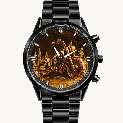 Personalized motorcycle watch with custom name, black metal bracelet, front view