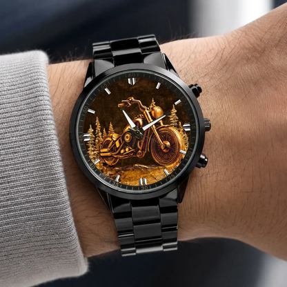 Personalized motorcycle watch with custom name, black metal bracelet worn with a gray sleeve
