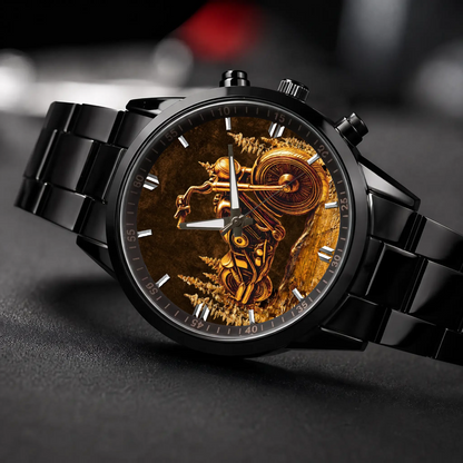 Personalized motorcycle watch with custom name, black metal bracelet, angled view on dark fabric