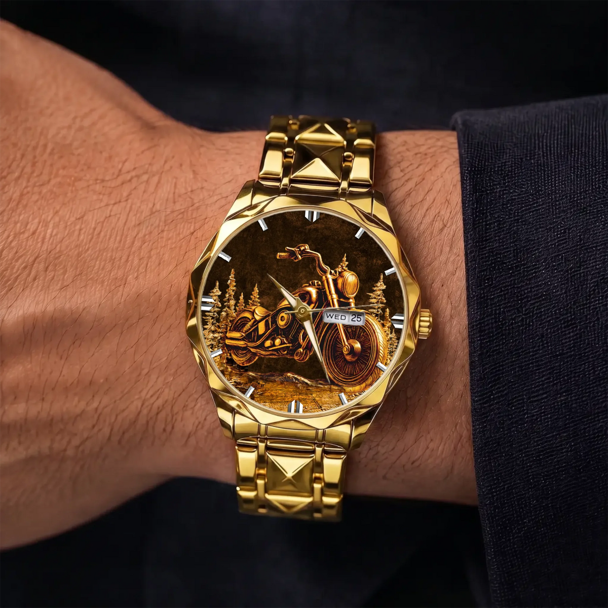 Personalized motorcycle watch with custom name, gold-tone faceted bracelet worn on a wrist