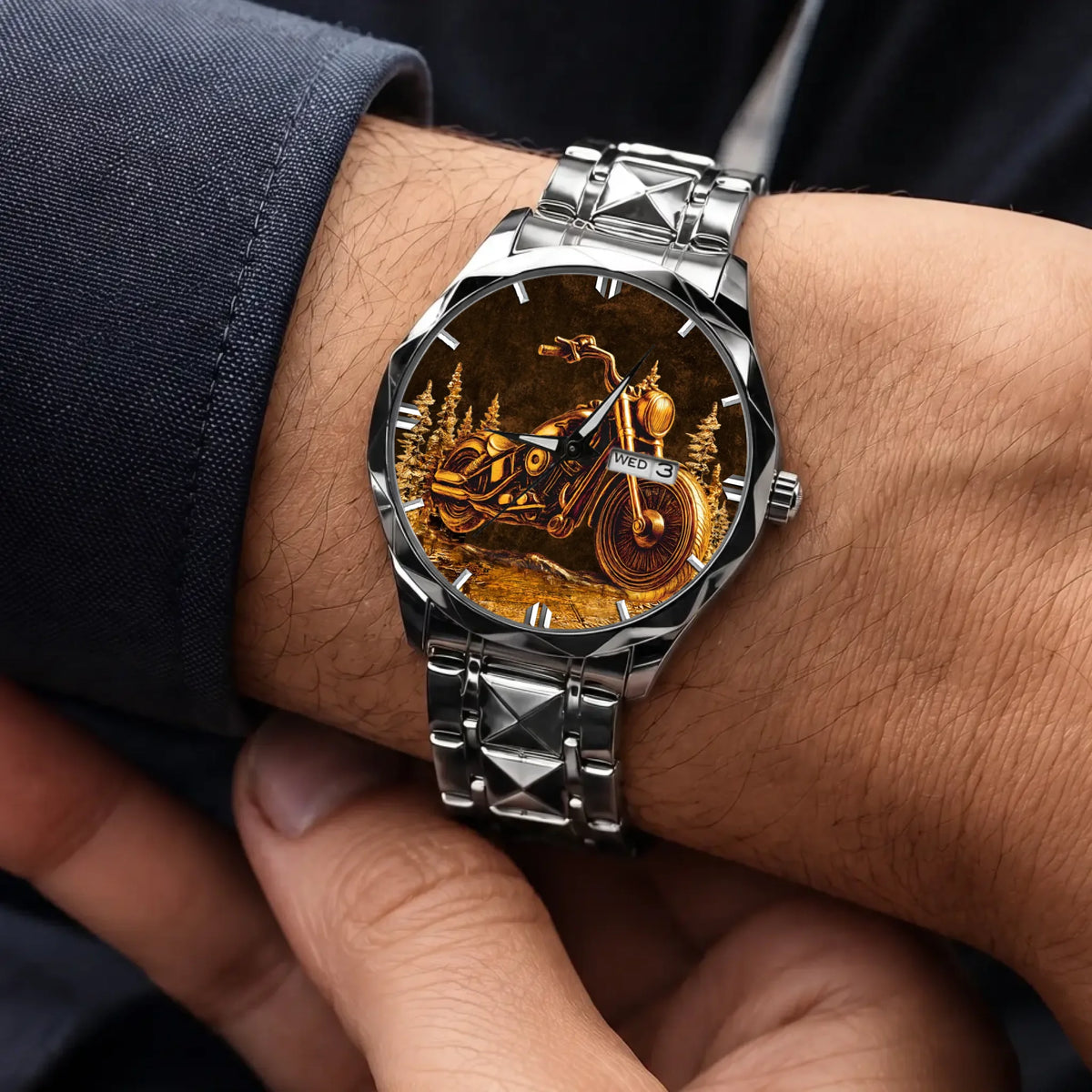 Personalized motorcycle watch with custom name, silver-tone faceted bracelet worn with a dark sleeve