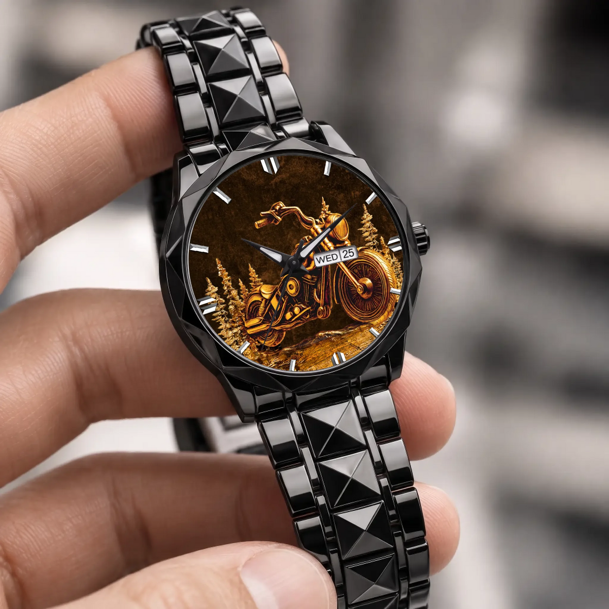 Personalized motorcycle watch with custom name, black faceted bracelet held in a hand