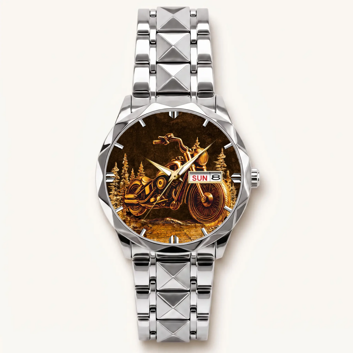 Personalized motorcycle watch with custom name, silver-tone faceted bracelet, front view