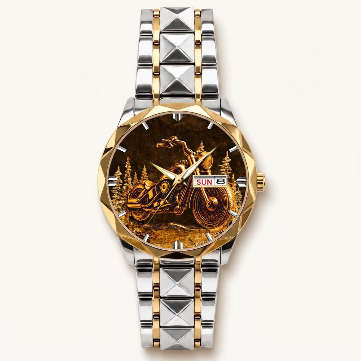 Personalized motorcycle watch with custom name, two-tone faceted bracelet and gold-tone bezel