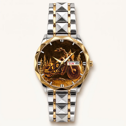 Personalized motorcycle watch with custom name, two-tone faceted bracelet and gold-tone bezel