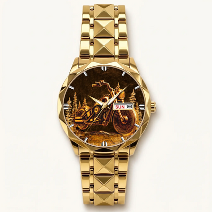 Personalized motorcycle watch with custom name, gold-tone faceted bracelet, front view