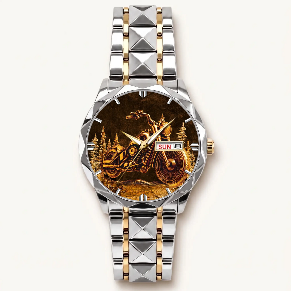 Personalized motorcycle watch with custom name, two-tone faceted bracelet and silver-tone bezel