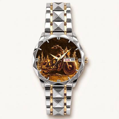 Personalized motorcycle watch with custom name, two-tone faceted bracelet and silver-tone bezel