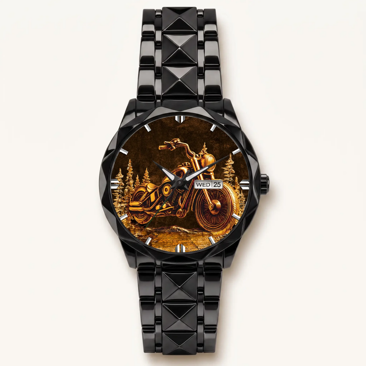 Personalized motorcycle watch with custom name, black faceted bracelet, front view