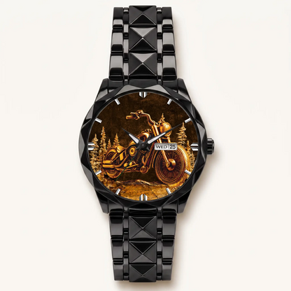 Personalized motorcycle watch with custom name, black faceted bracelet, front view