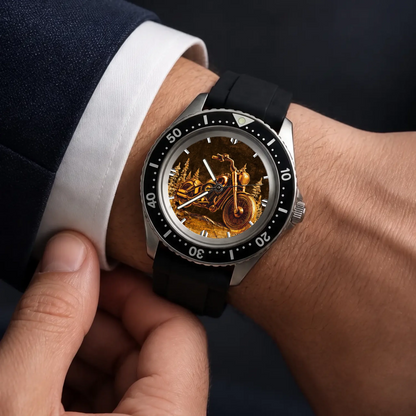 Personalized motorcycle watch with custom name, Rift Diver style with black strap worn with a white shirt cuff