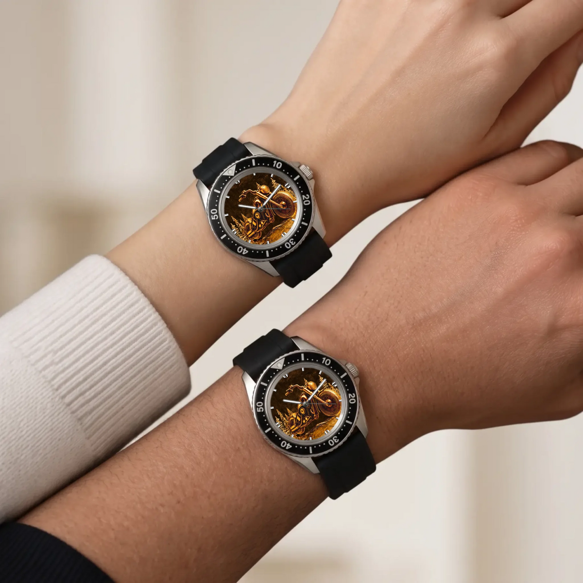 Personalized motorcycle watch with custom name, matching Rift Diver watches with black straps worn on two wrists