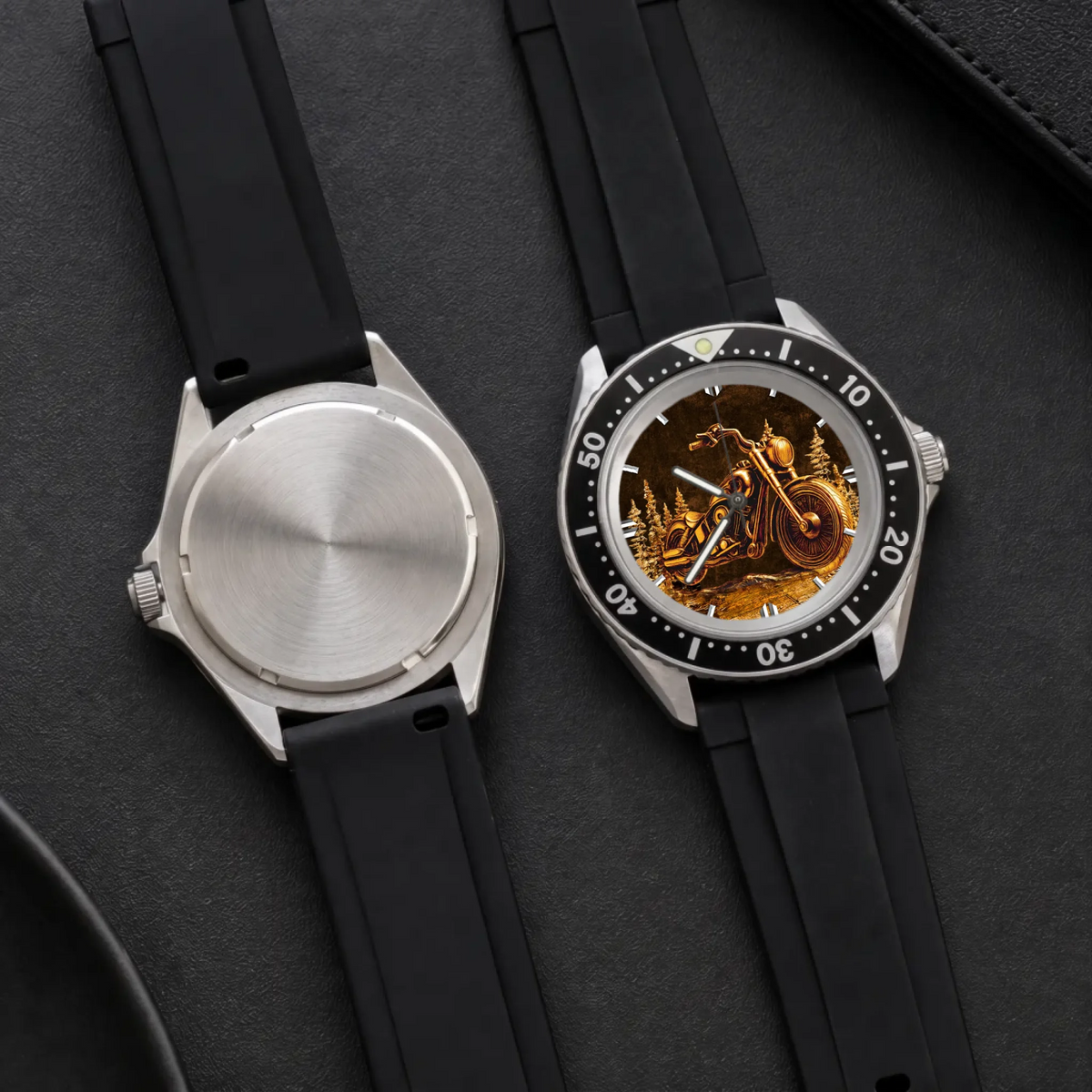 Personalized motorcycle watch with custom name, Rift Diver front dial and plain case back shown together