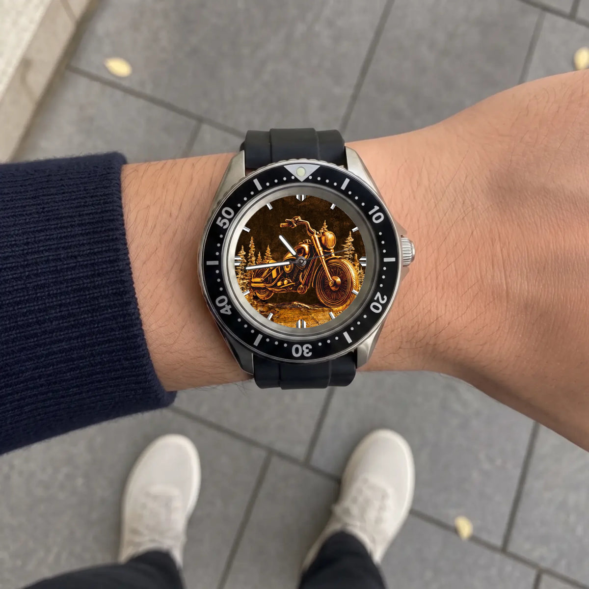 Personalized motorcycle watch with custom name, Rift Diver style with black strap worn outdoors