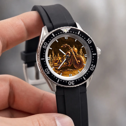 Personalized motorcycle watch with custom name, Rift Diver style with black strap held against a light background