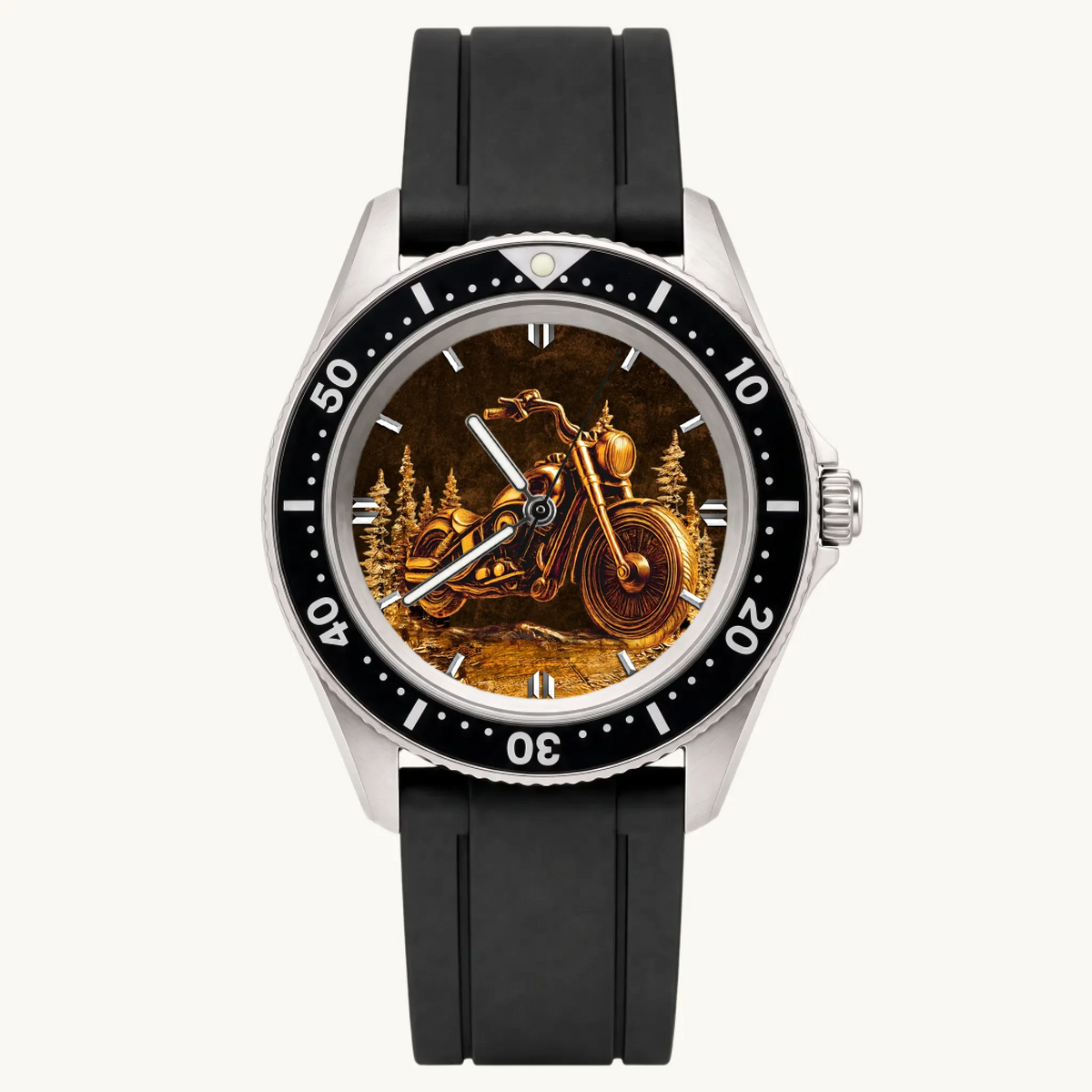 Personalized motorcycle watch with custom name, Rift Diver style with black strap and numbered bezel, front view