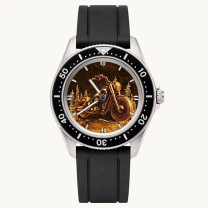 Personalized motorcycle watch with custom name, Rift Diver style with black strap and numbered bezel, front view