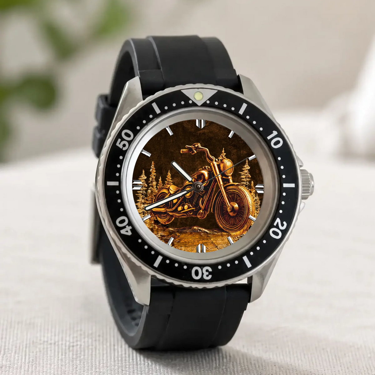 Personalized motorcycle watch with custom name, Rift Diver style with black strap standing on a light surface