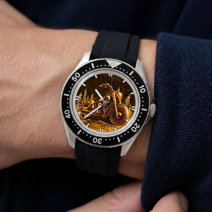 Personalized motorcycle watch with custom name, Rift Diver style with black strap worn with a navy sleeve