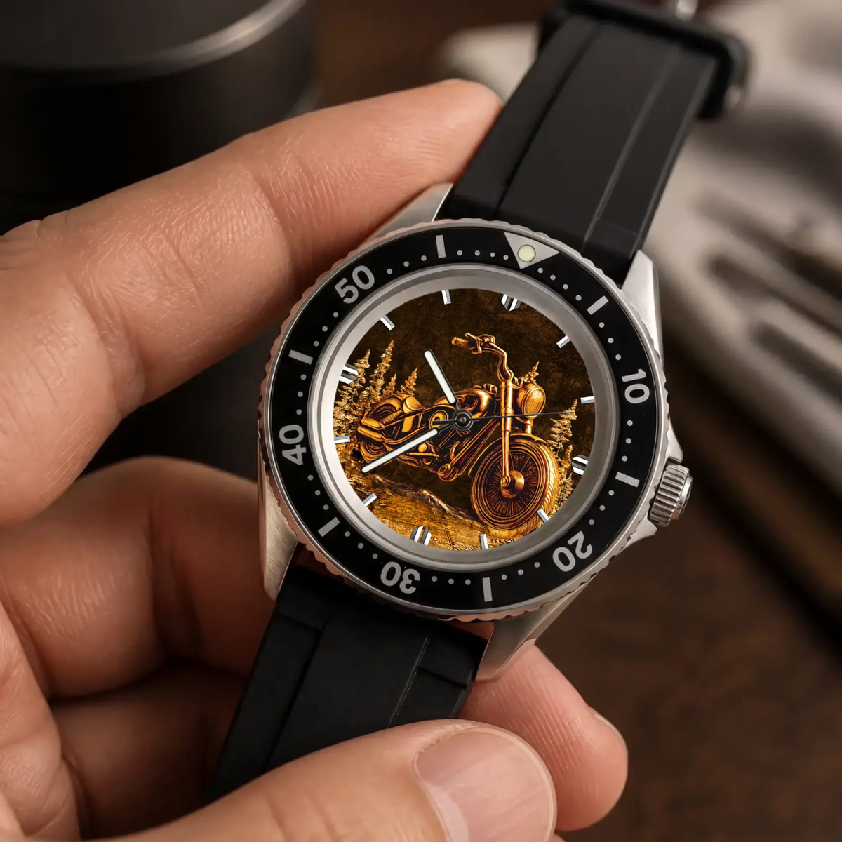 Personalized motorcycle watch with custom name, Rift Diver style with black strap held against a dark background