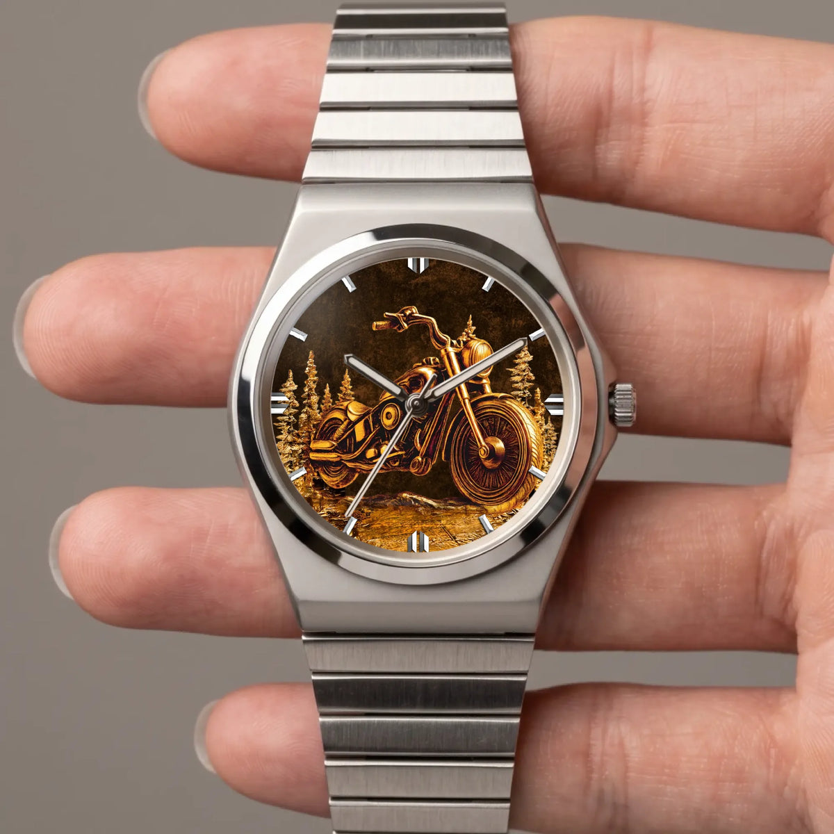 Personalized motorcycle watch with custom name, silver-tone Signature Round bracelet held in a hand