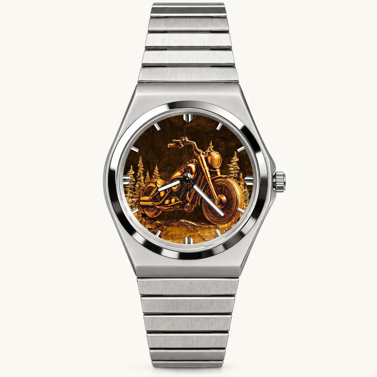 Personalized motorcycle watch with custom name, silver-tone Signature Round bracelet, front view