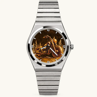 Personalized motorcycle watch with custom name, silver-tone Signature Round bracelet, front view