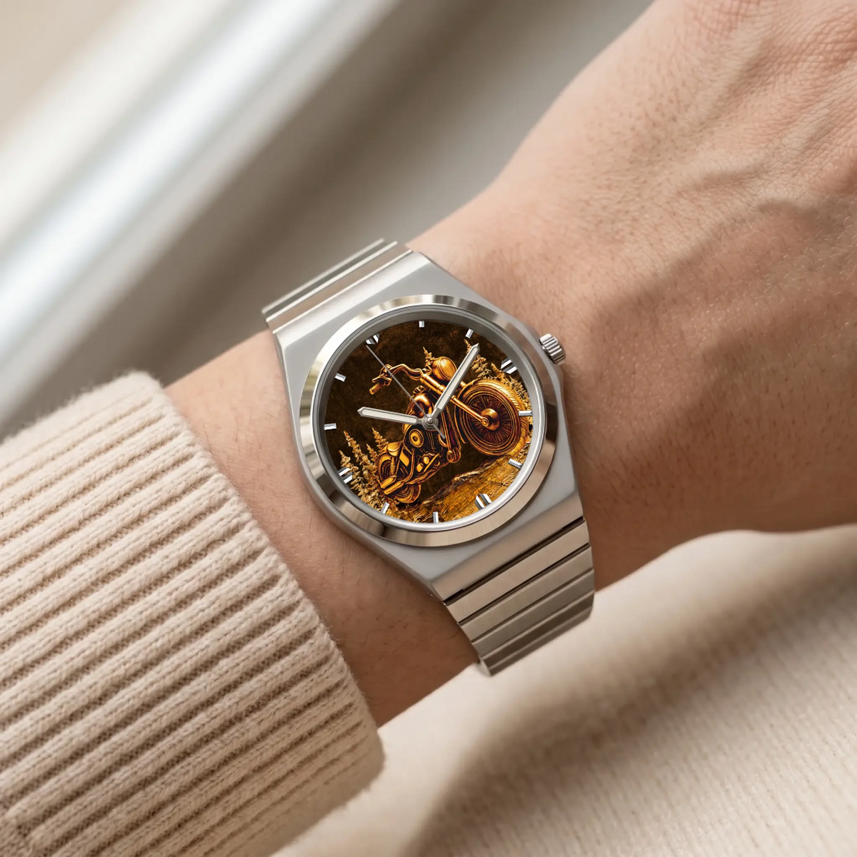 Personalized motorcycle watch with custom name, silver-tone Signature Round bracelet worn with a cream sleeve