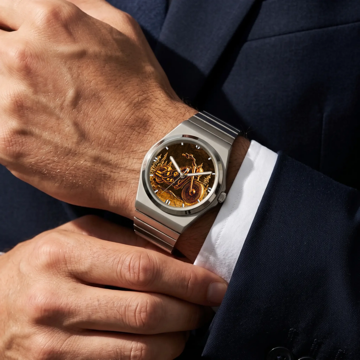 Personalized motorcycle watch with custom name, silver-tone Signature Round bracelet worn with a dark suit