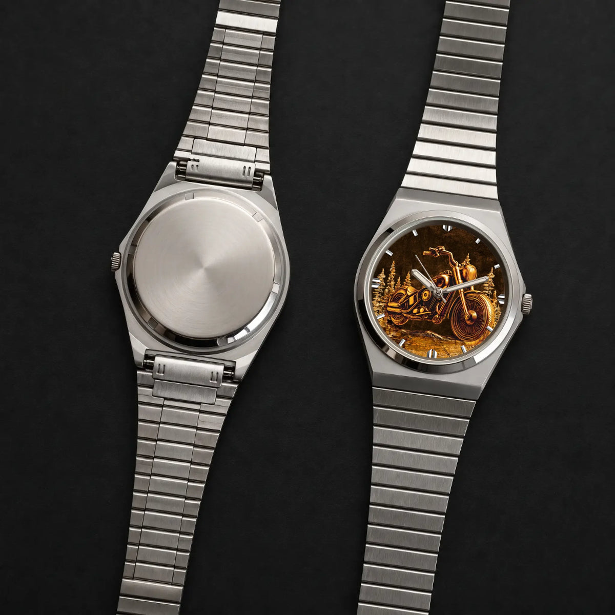 Personalized motorcycle watch with custom name, Signature Round front dial and plain case back shown together