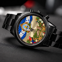 Personalized Honduras watch with custom name, black metal bracelet, angled view on dark fabric