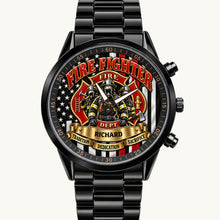 Personalized firefighter watch with custom name, black metal bracelet, front view
