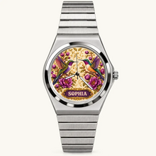 Personalized hummingbird watch with custom name, silver-tone Signature Round bracelet, front view
