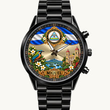 Personalized Nicaragua watch with custom name, black metal bracelet, front view