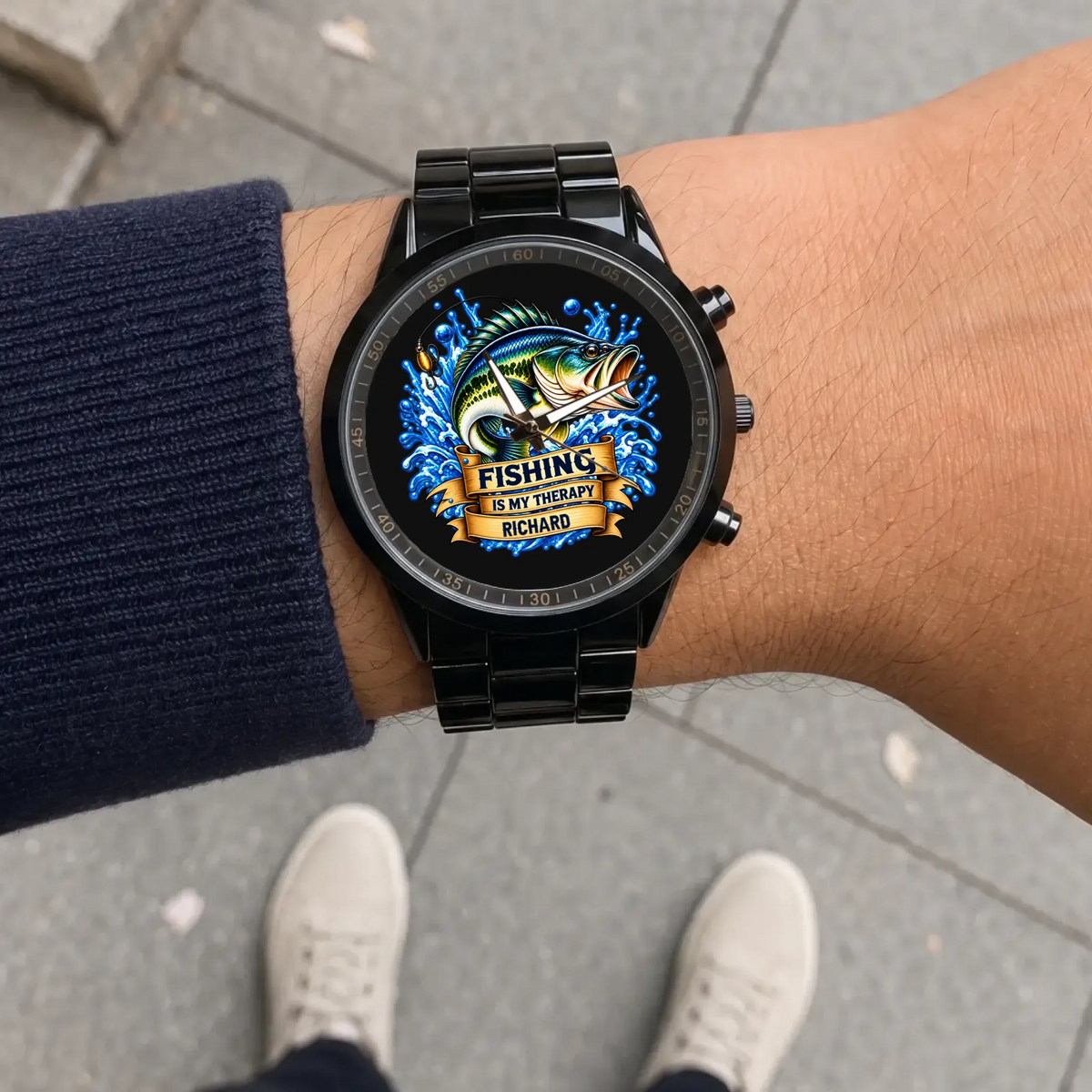 Black Racing Metal fishing watch with custom name Richard shown on a wrist outdoors