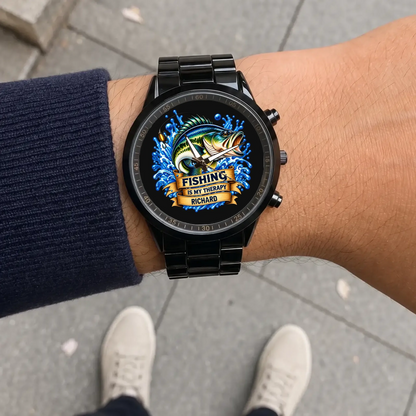 Black Racing Metal fishing watch with custom name Richard shown on a wrist outdoors