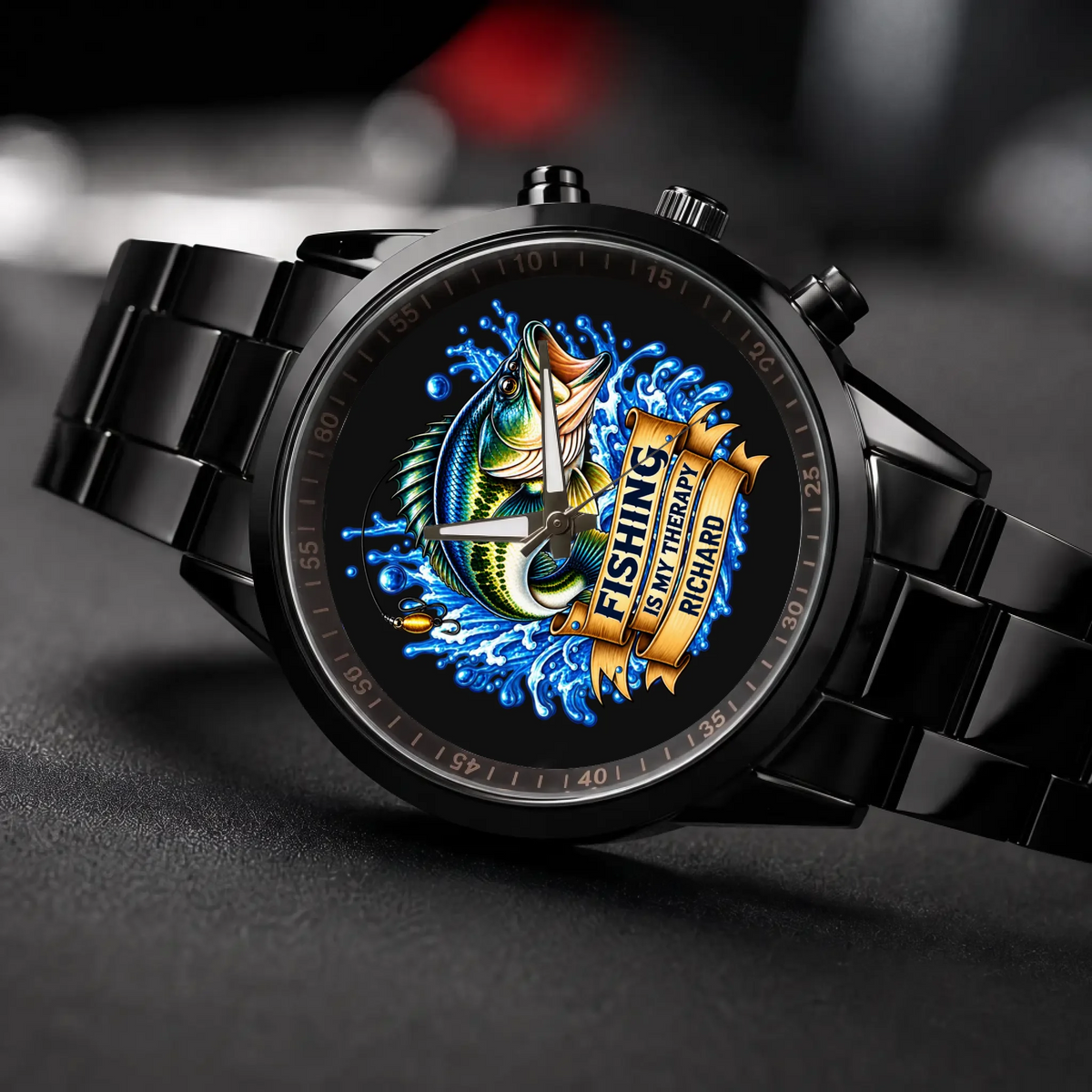 Angled view of the black Racing Metal custom fishing watch with Fishing Is My Therapy dial
