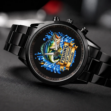Angled view of the black Racing Metal custom fishing watch with Fishing Is My Therapy dial